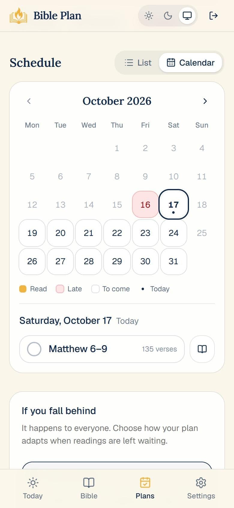 Reading plan calendar screen