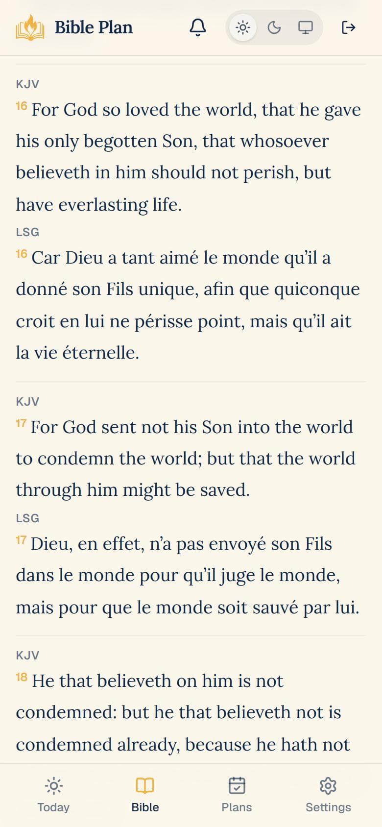 Parallel reading screen of John 3 in King James and Louis Segond
