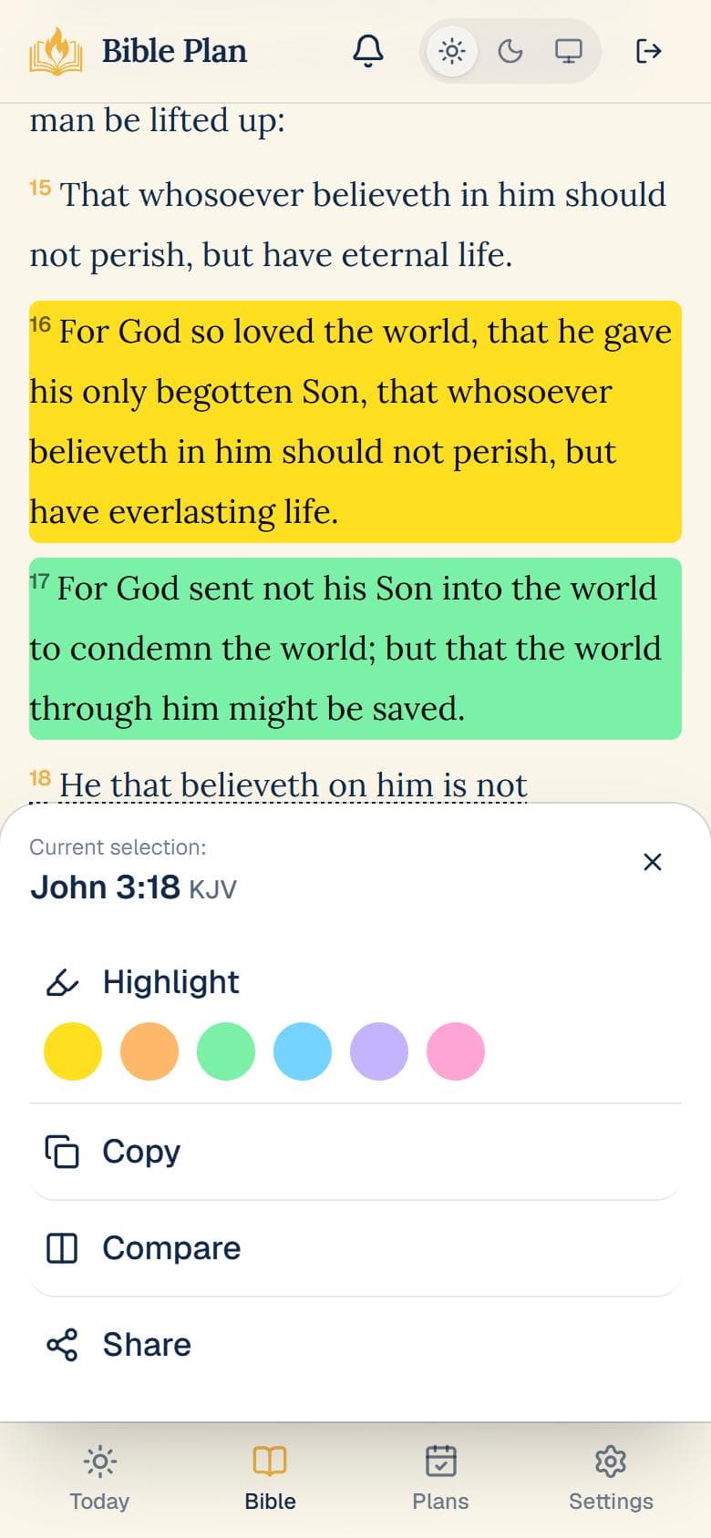 Bible reading screen with highlighted verses and the selection panel