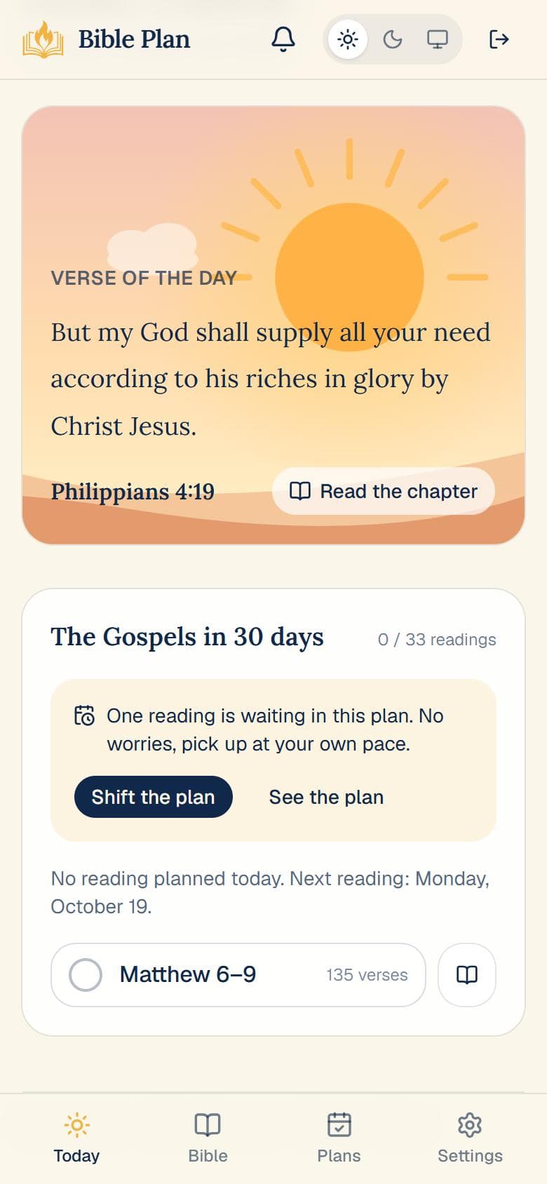 Today screen with the verse of the day and a reading plan