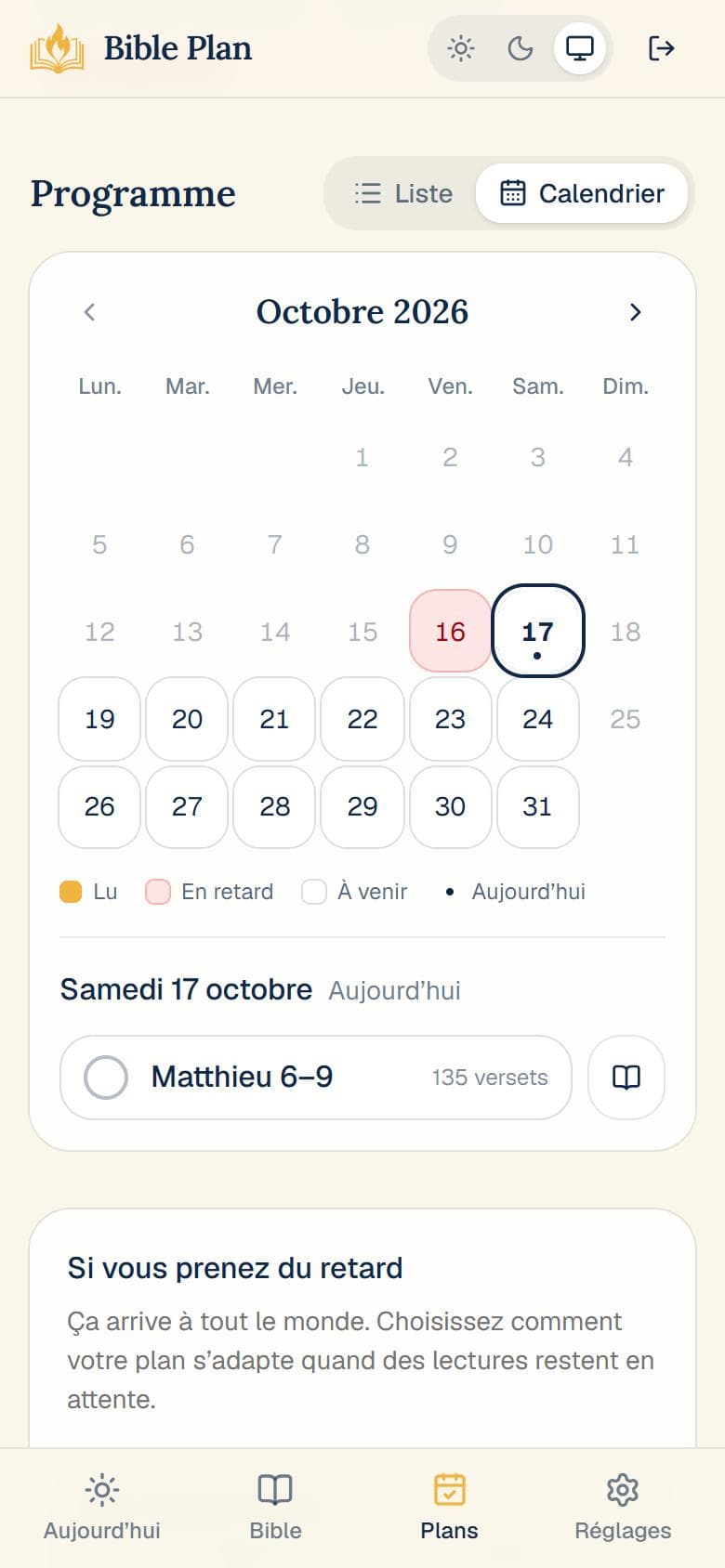 Écran du calendrier d’un plan de lecture