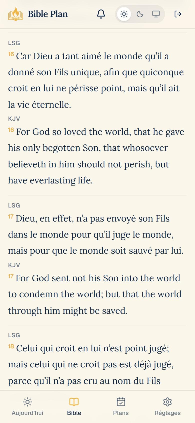 Écran de lecture parallèle de Jean 3 en Louis Segond et en King James
