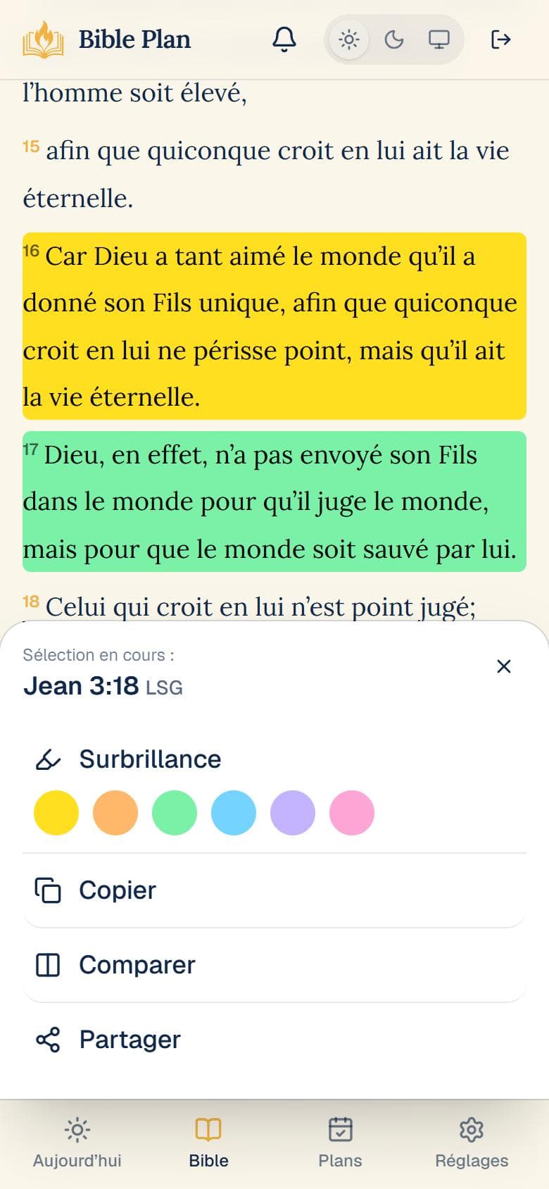 Écran de lecture de la Bible avec des versets en surbrillance et le panneau de sélection