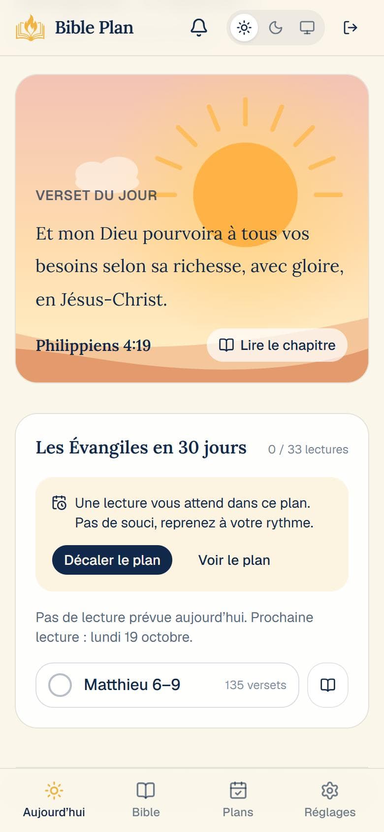 Écran Aujourd’hui avec le verset du jour et un plan de lecture
